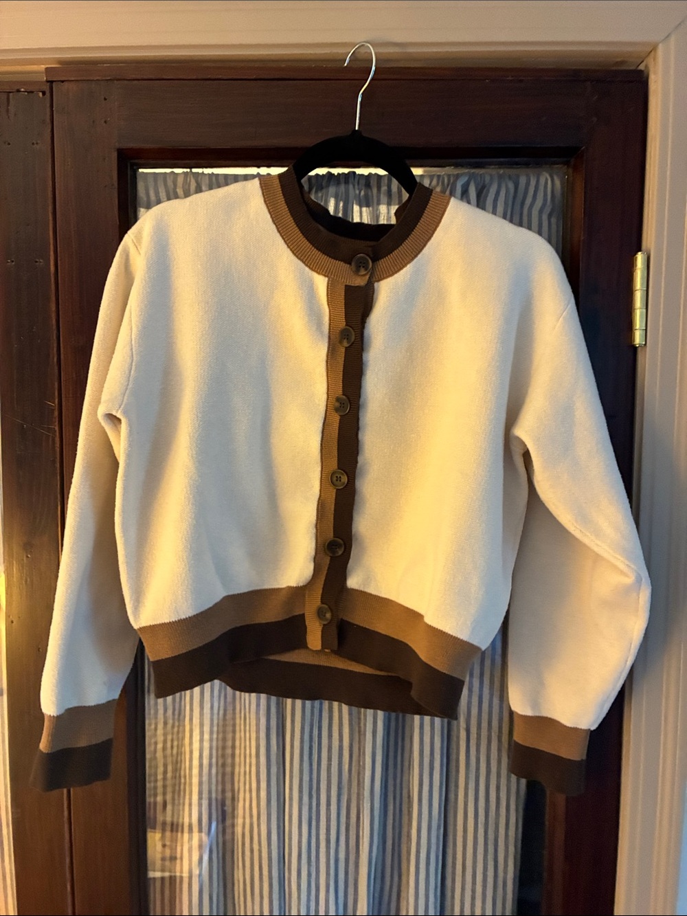 Le Lis Cream Jacket with Brown Contrast Trim - Button Front